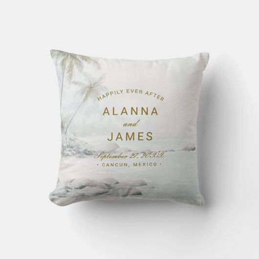 Tropical Watercolor Beach Wedding Photo Pillow クッション (正面)