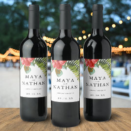 Tropical Watercolor Flower Greenery Personalized ワインラベル