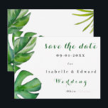 Tropical Watercolor Green Leaves Custom セーブザデート<br><div class="desc">This elegant tropical design features lush green watercolor leaves framing a clean and modern layout. The fresh botanical elements, including palm and monstera-inspired foliage, create a natural and sophisticated look perfect for destination weddings, beach ceremonies, or garden celebrations. With its minimalist style and vibrant greenery, this design brings a refreshing,...</div>