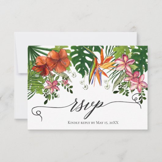 Tropical Watercolor Hawaiian Floral Wedding RSVP  (正面)