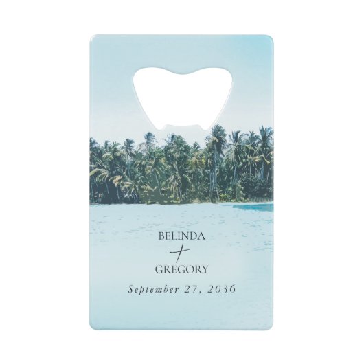 Tropical Watercolor Palms & Beach Wedding クレジットカード栓抜き (正面)