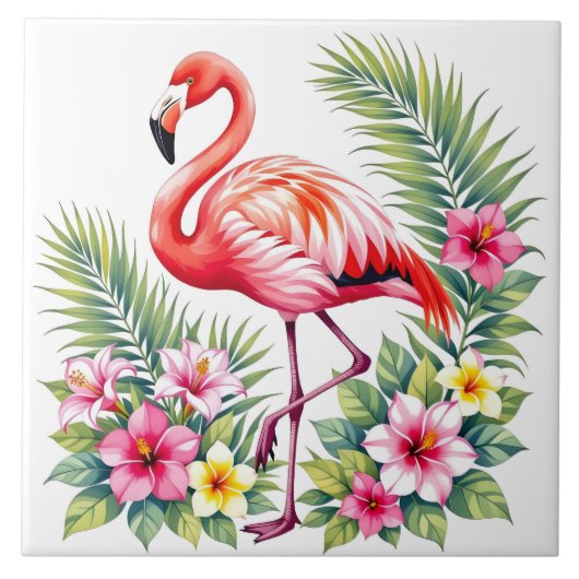 Tropical Watercolor Pink Flamingo Floral Hawaiian タイル (正面)