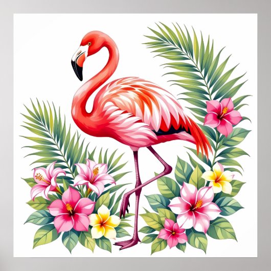 Tropical Watercolor Pink Flamingo Floral Hawaiian ポスター (正面)
