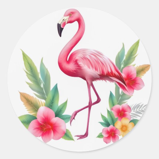 Tropical Watercolor Pink Flamingo Floral Hawaiian ラウンドシール (正面)