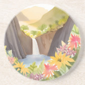 Tropical Waterfall | Floral Watercolor Landscape コースター (正面)