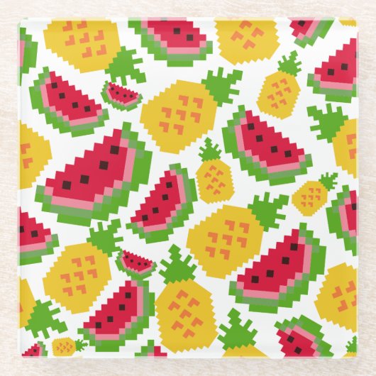 Tropical Watermelon and Pineapple Pixel Pattern ガラスコースター (正面)