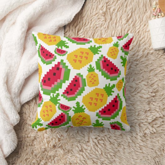 Tropical Watermelon and Pineapple Pixel Pattern クッション (ブランケット)
