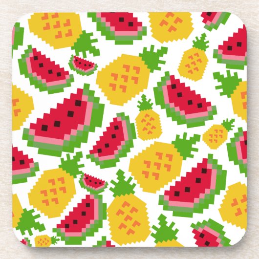Tropical Watermelon and Pineapple Pixel Pattern コースター (正面)
