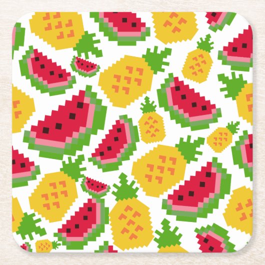 Tropical Watermelon and Pineapple Pixel Pattern スクエアペーパーコースター (正面)