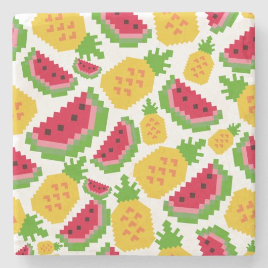 Tropical Watermelon and Pineapple Pixel Pattern ストーンコースター (正面)