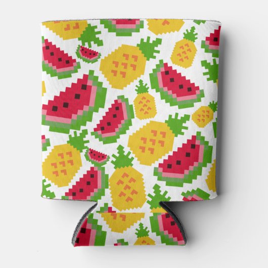 Tropical Watermelon and Pineapple Pixel Pattern 缶クーラー (正面)