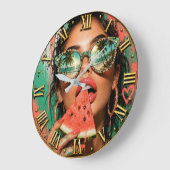 Tropical Watermelon Paradise Glam Woman Portrait  ラージ壁時計 (傾斜)