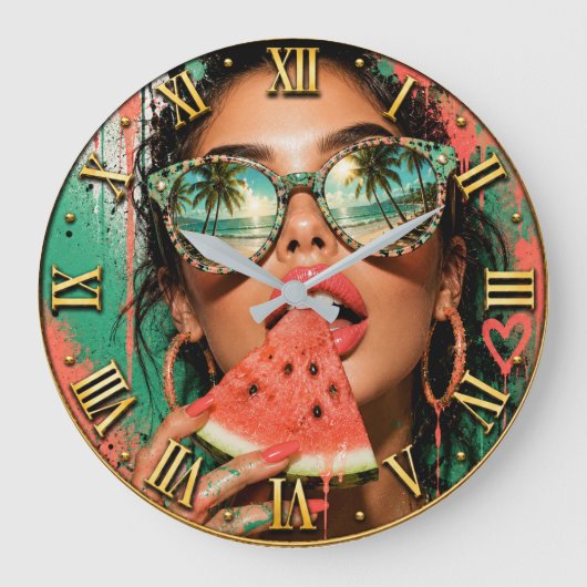 Tropical Watermelon Paradise Glam Woman Portrait  ラージ壁時計 (正面)
