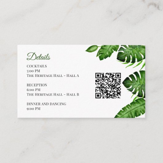 Tropical Wedding Details QR Code Monstera Greenery エンクロージャーカード (正面)