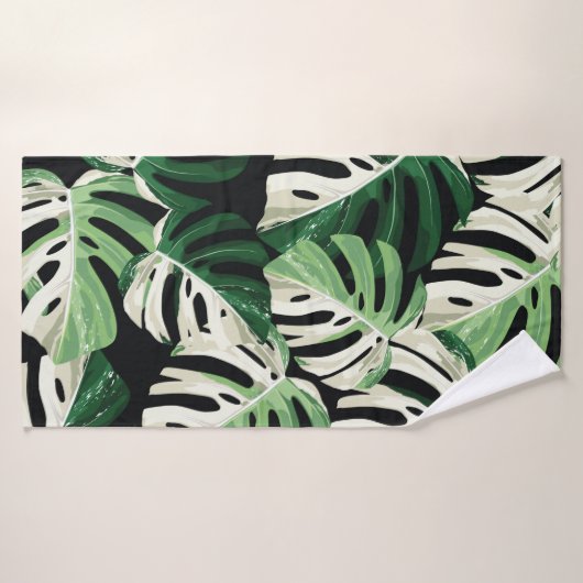 Tropical white green monstera leaf illustration. E バスタオル (バスタオル)
