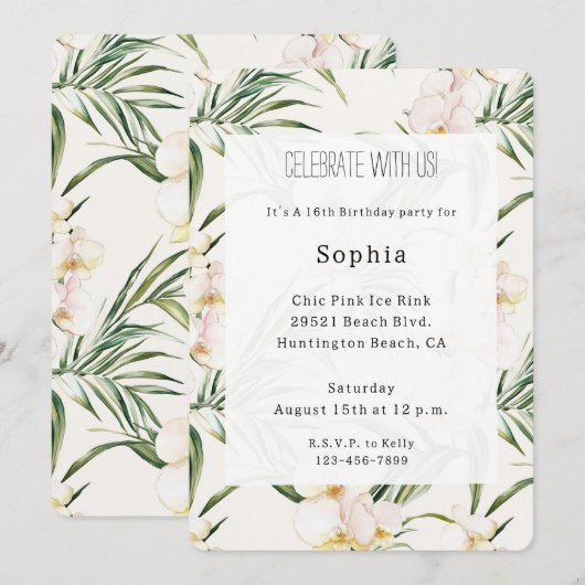 Tropical White Orchid Flowers Birthday 招待状 (正面/裏面)