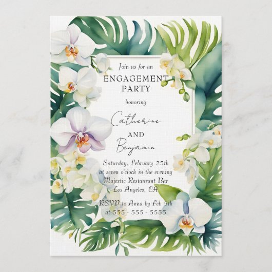 Tropical White Orchid & Greenery Engagement Party 招待状 (正面)