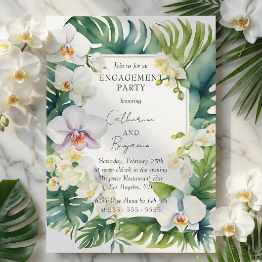 Tropical White Orchid & Greenery Engagement Party 招待状