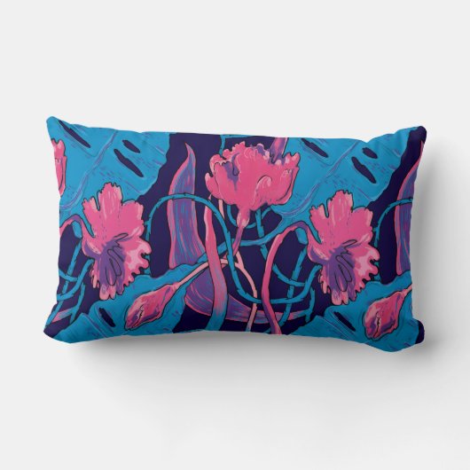 Tropical Wild Flowers Blue Pink Modern Exotic ランバークッション (裏面)