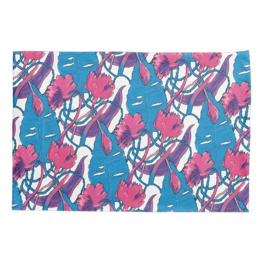 Tropical Wild Flowers Blue Pink Modern Exotic 枕カバー (裏面)