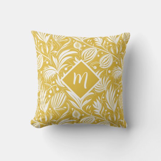 Tropical Yellow Floral Pattern Diamond Monogram  クッション (正面)