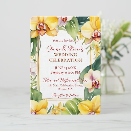 Tropical Yellow Orchid and Greenery Gold Wedding 招待状 (スタンド正面)