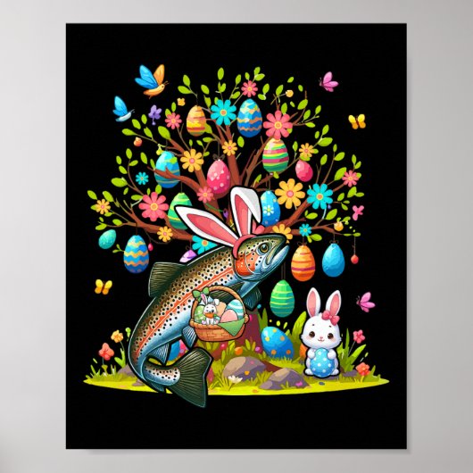 Trout Fish Bunny Easter Eggs Cute Tree Costume Hun ポスター (正面)