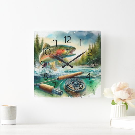 Trout Fly Fishing スクエア壁時計 (ホーム)