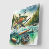 Trout Fly Fishing スクエア壁時計 (傾斜)