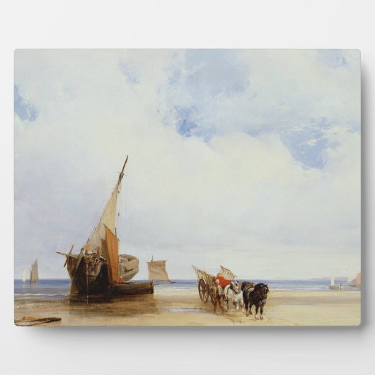 Trouville, c.1825近くのビーチ船とワゴン フォトプラーク (正面)