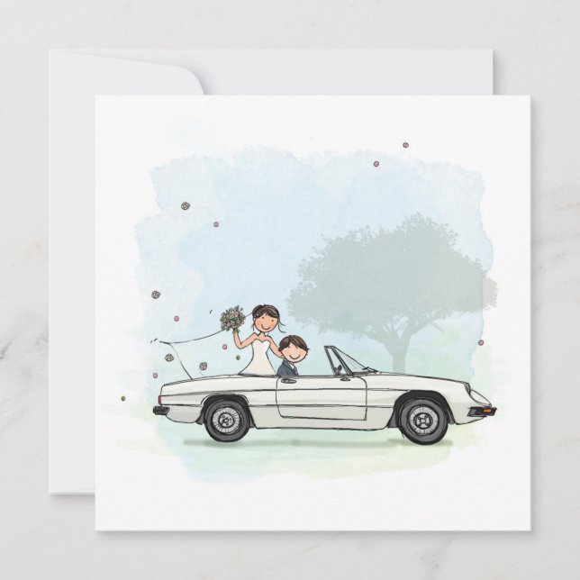 Trouwkaart bruidspaar in vintage Alfa Romeo Spider (正面)