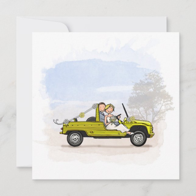 Trouwkaart bruidspaar in vintage Citroen Mehari (正面)