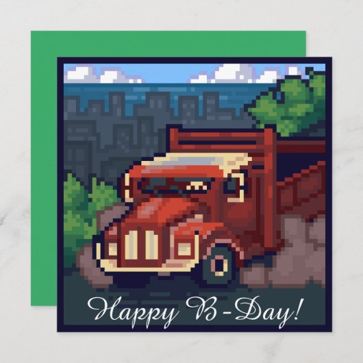 Truck, vrachtwagen, happy b-day pixel art,  カード (正面/裏面)