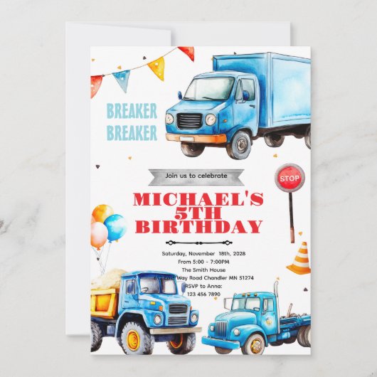 Trucks birthday party theme invitation 招待状 (正面)