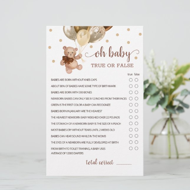 TrueまたはFalse Factsゲーム赤ちゃんシャワーテディベア (スタンド正面)