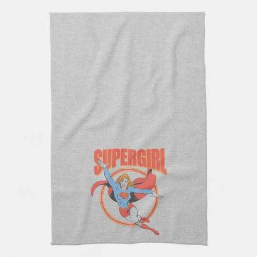 Trueヴィンテージスーパーガール飛んでいるグラフィック キッチンタオル (縦)