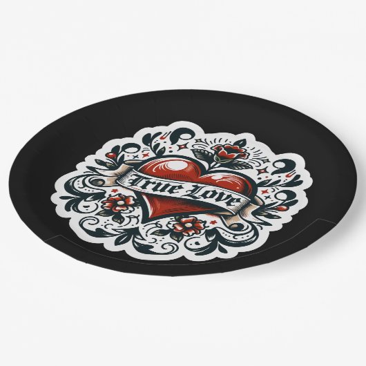 True Loveハートタトゥーステッ結婚カーの婚約 ペーパープレート (アングル)
