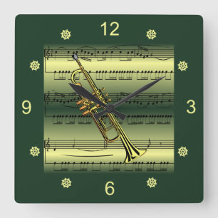 Trumpet～転がシート音楽～金ゴールド/背景緑～  スクエア壁時計