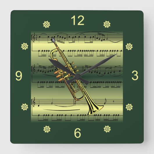 Trumpet~転がシート音楽~金ゴールド/背景緑~ スクエア壁時計 (正面)