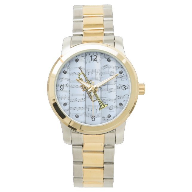 Trumpet～転がSheet Music～Blue Tint背景～ 腕時計 (正面)