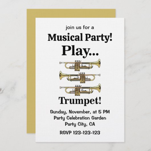 Trumpet Instrument Trumpeter Musical Party 招待状 (正面/裏面)