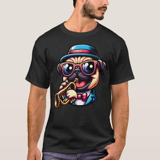 Trumpet Pug Cool Jazz Musician Tシャツ (正面)