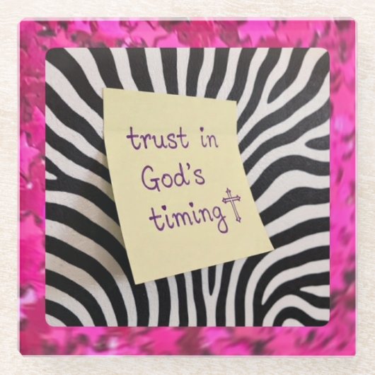Trust in God's Timing pink glitter zebra y2k ガラスコースター (正面)