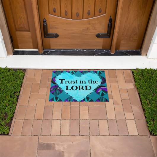 Trust In The Lord Fish Leaves Purple Teal Grey ドアマット (室外)