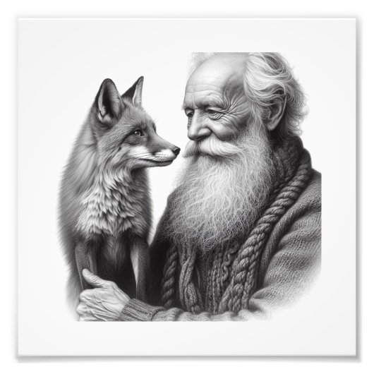Trusting Companions: Elderly Man with Fox Wall Art フォトプリント (正面)