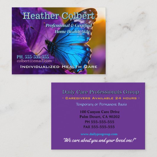 Trusty Blue Butterfly Professional Caregiver 名刺 (正面/裏面)