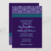 TT024ティール（緑がかった色）ブルー&パープルレースのモ結婚ノグラム 招待状 (正面/裏面)