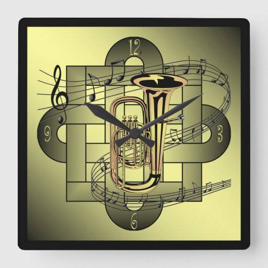 Tuba~Musical Scale~Doubleの結び目Graphic~Gold/Black スクエア壁時計 (正面)