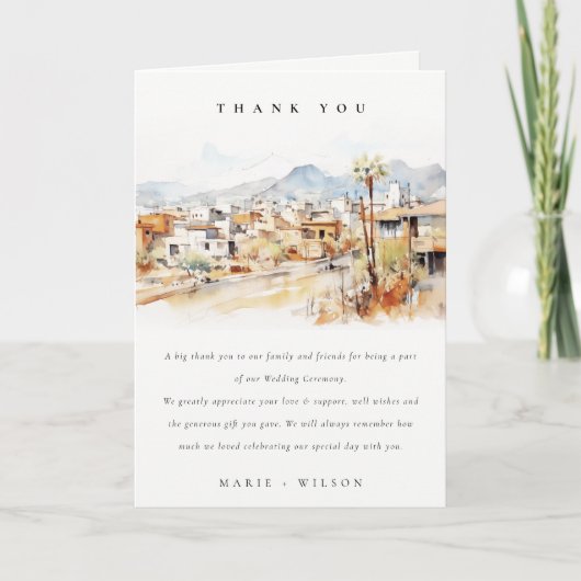 Tucson, Arizona Watercolor Landscape Wedding サンキューカード (正面)