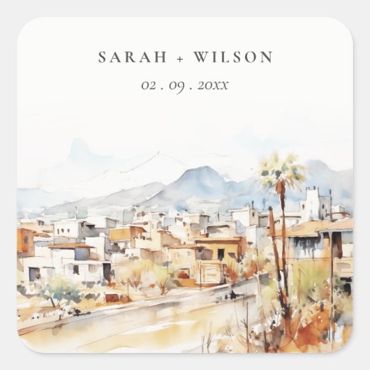 Tucson, Arizona Watercolor Landscape Wedding スクエアシール (正面)